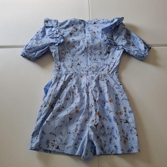 Hyacinth House Romper Womens XS Blue Puff Sleeve Floral Ruffle Cottagecore - Picture 2 of 9